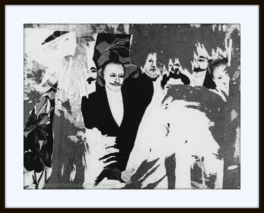 Decollage Frankreich, Schwarz-Weiß-Plakat mit rudimentären Männergesichtern aus der “Belle Époque”